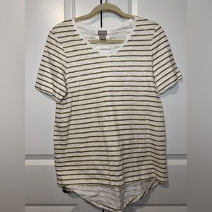 Chico’s Striped V-Neck Tee Metallic Gold White Short Sleeve Size 0 Small